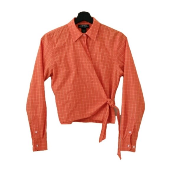 Lauren Ralph Lauren Top Womens Petite M Orange Plaid Cropped LS Tie Front Preppy - Picture 1 of 16